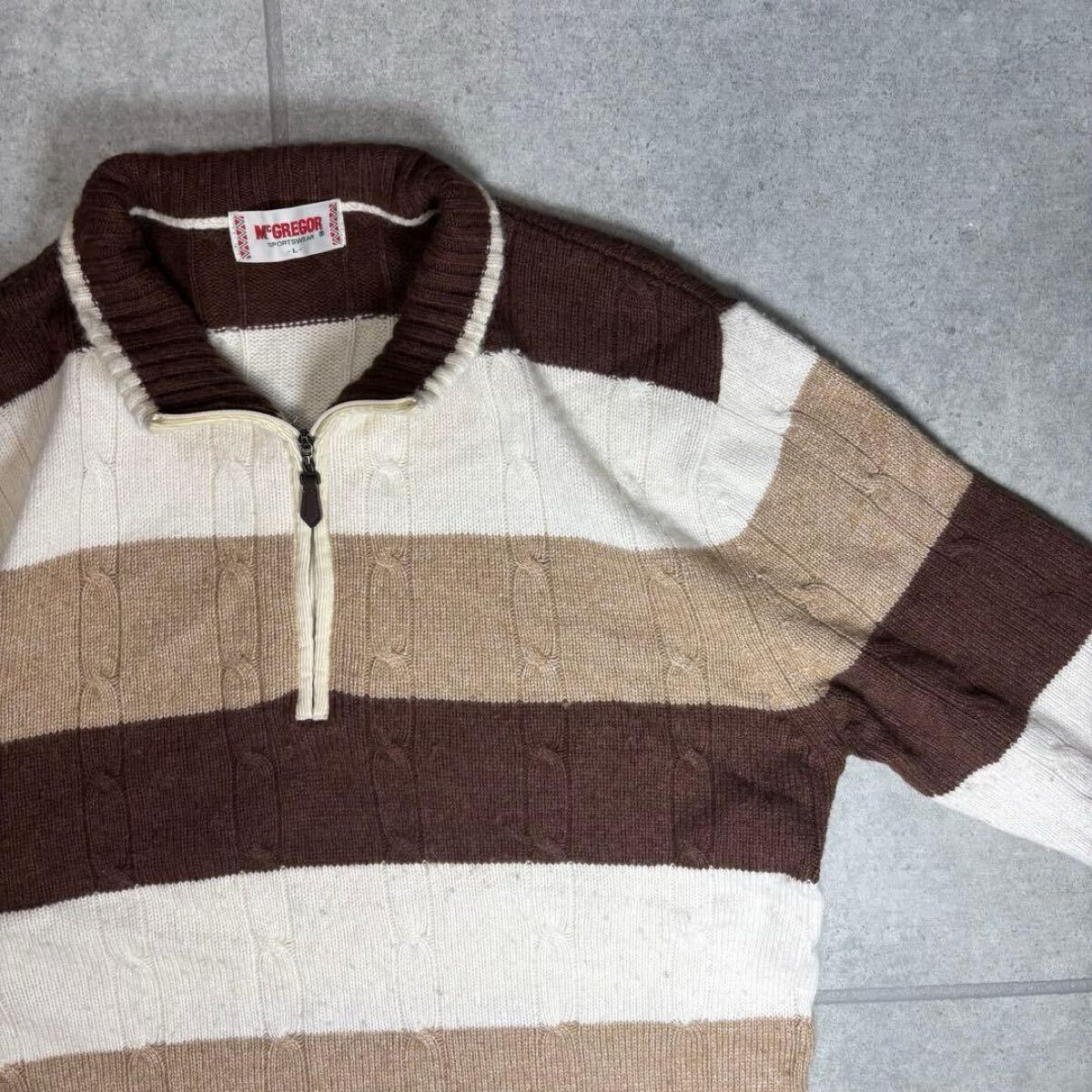 McGREGOR　ケーブルニット　ハーフジップ　カシミヤ　ウール　太ボーダー　マックレガー　セーター　レザージップ　希少素材　ブラウン　L_画像6
