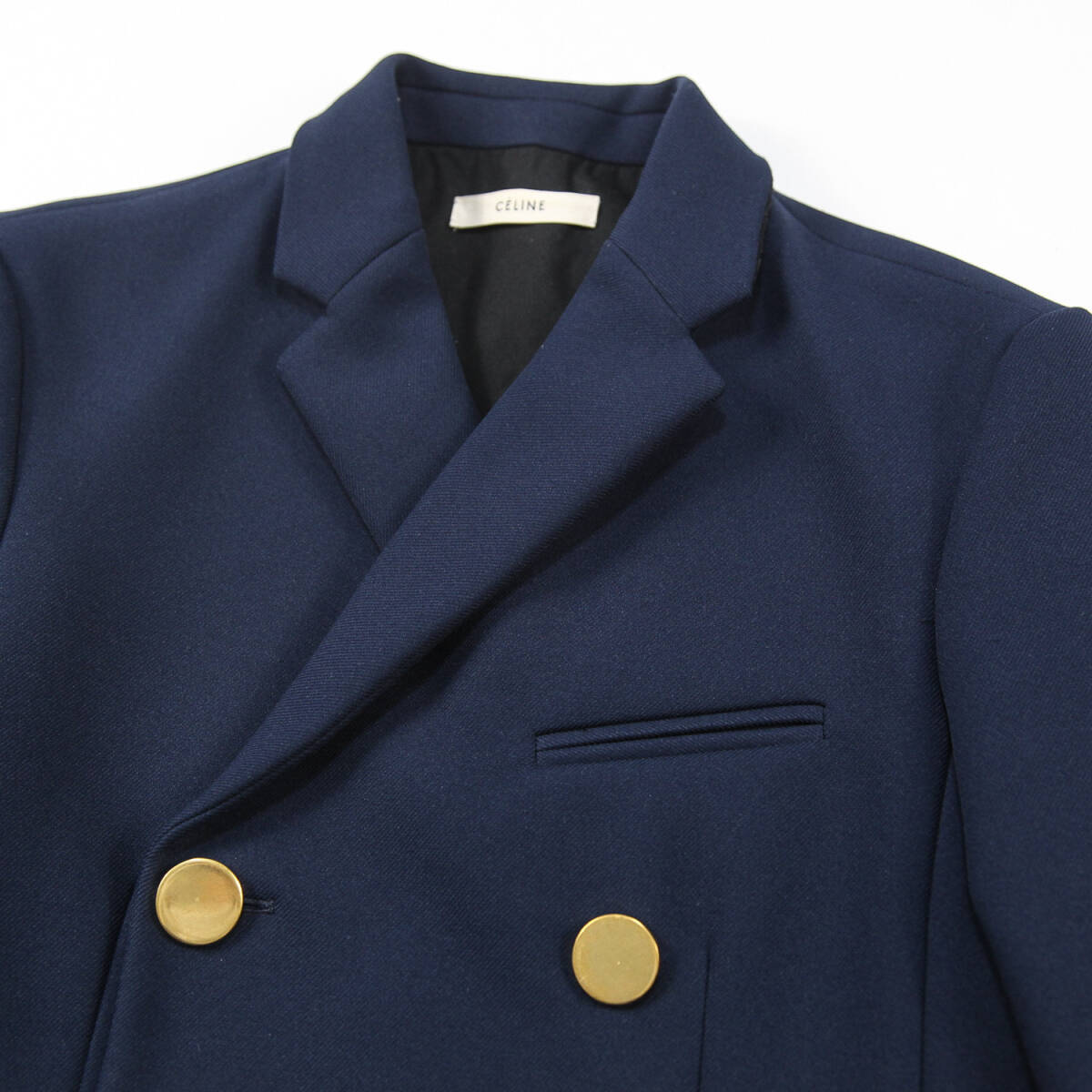 希少 美品 CELINE フィービー期 ポリエステルサージ 6Bダブルブレステッド ブレザー 2 5I54 / 3812 36 金ボタン ジャケット 紺ブレ SSM6447_画像4
