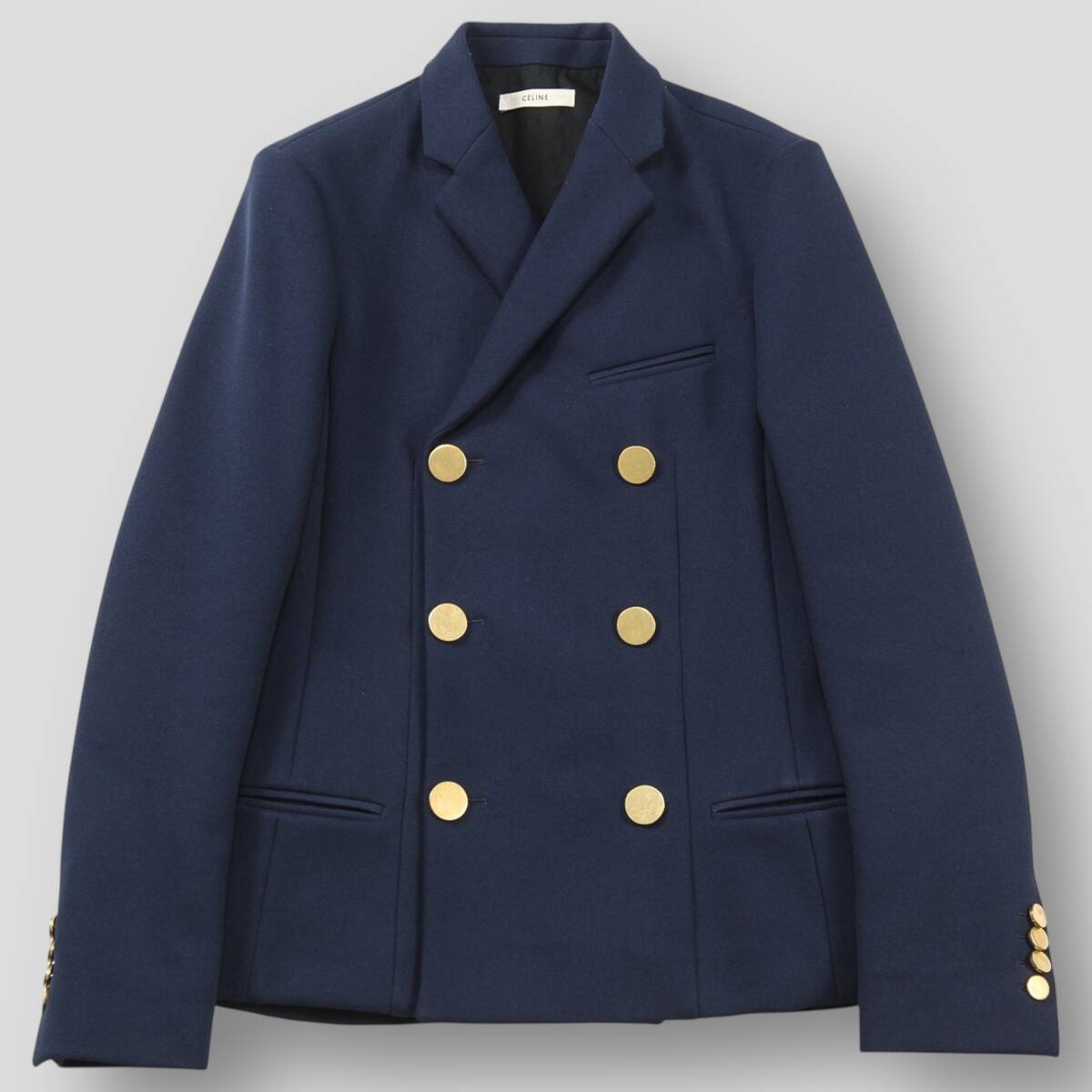 希少 美品 CELINE フィービー期 ポリエステルサージ 6Bダブルブレステッド ブレザー 2 5I54 / 3812 36 金ボタン ジャケット 紺ブレ SSM6447_画像1