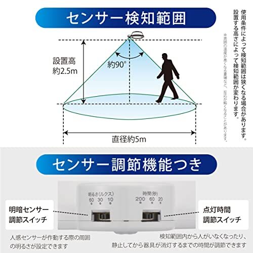 オーム(OHM) オーム電機 ＬＥＤミニシーリングライト（明暗・人感センサー付き/960 lm/9.0W/昼光色/ホワイト）_画像6