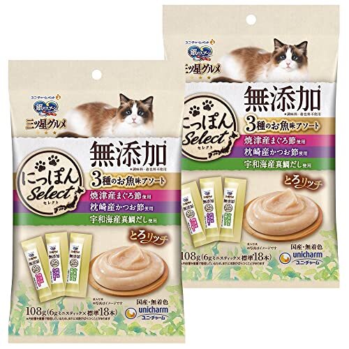 【まとめ買い】銀のスプーン 猫用 おやつ 三ツ星グルメおやつ にっぽんSelect 無添加 とろリッチ 3種のお魚味アソート 108g×2袋 国_画像1