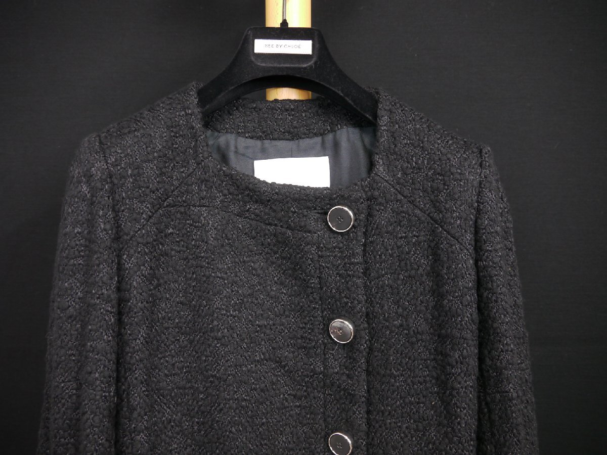 C-339 中古 ジャンク品 Chloe クロエ シルク混 ロングコート 黒 サイズ38 フランス製 ハンガー付き レディース アウター 袖ニット切り替え_画像2