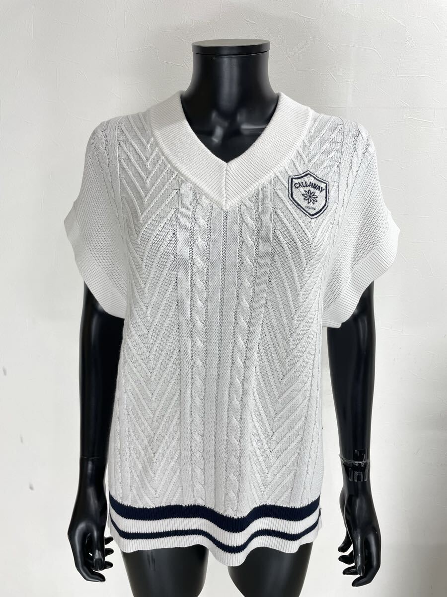 【USED】Callaway キャロウェイ アクリル Vネック ニット ベスト ロゴ刺繍 ホワイト 白 レディース L ゴルフウェア_画像1