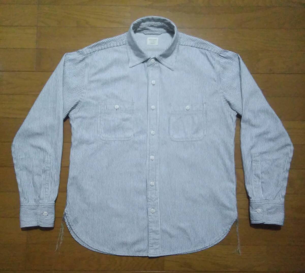 メンズMⅢバックナンバー/ライトオンⅢヒッコリー 長袖ワークシャツ 裾ヒゲ?、Wポケ/白地に濃紺ストライプ_画像1