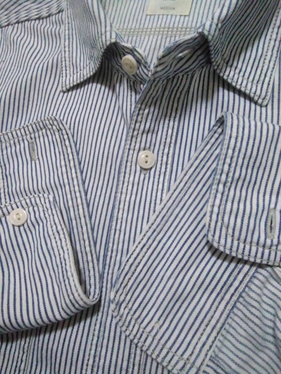 メンズMⅢバックナンバー/ライトオンⅢヒッコリー 長袖ワークシャツ 裾ヒゲ?、Wポケ/白地に濃紺ストライプ_画像3