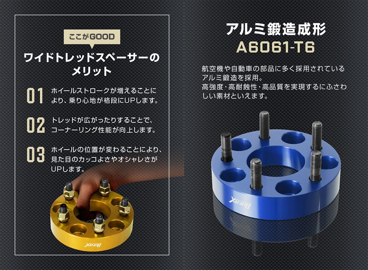 Durax ワイドトレッドスペーサー 2枚セット 114.3 5H P1.5 30mm ブラック ナット付 アルミ鍛造 ワイトレ 5ホール ツライチ スペーサー 黒_画像3