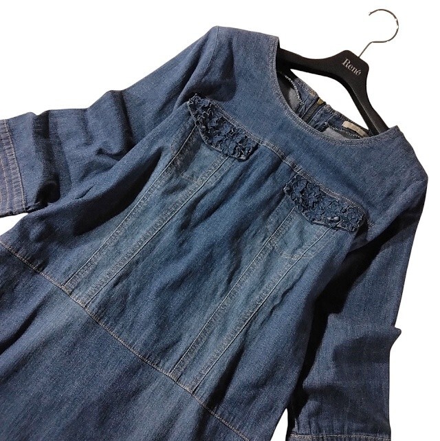 80 【Rose Tiara】 ローズティアラ デニム ワンピース 38 M ネイビー 薄手 フラワー 花 ひざ丈 膝丈 大人可愛い バックリボン レディース_画像2
