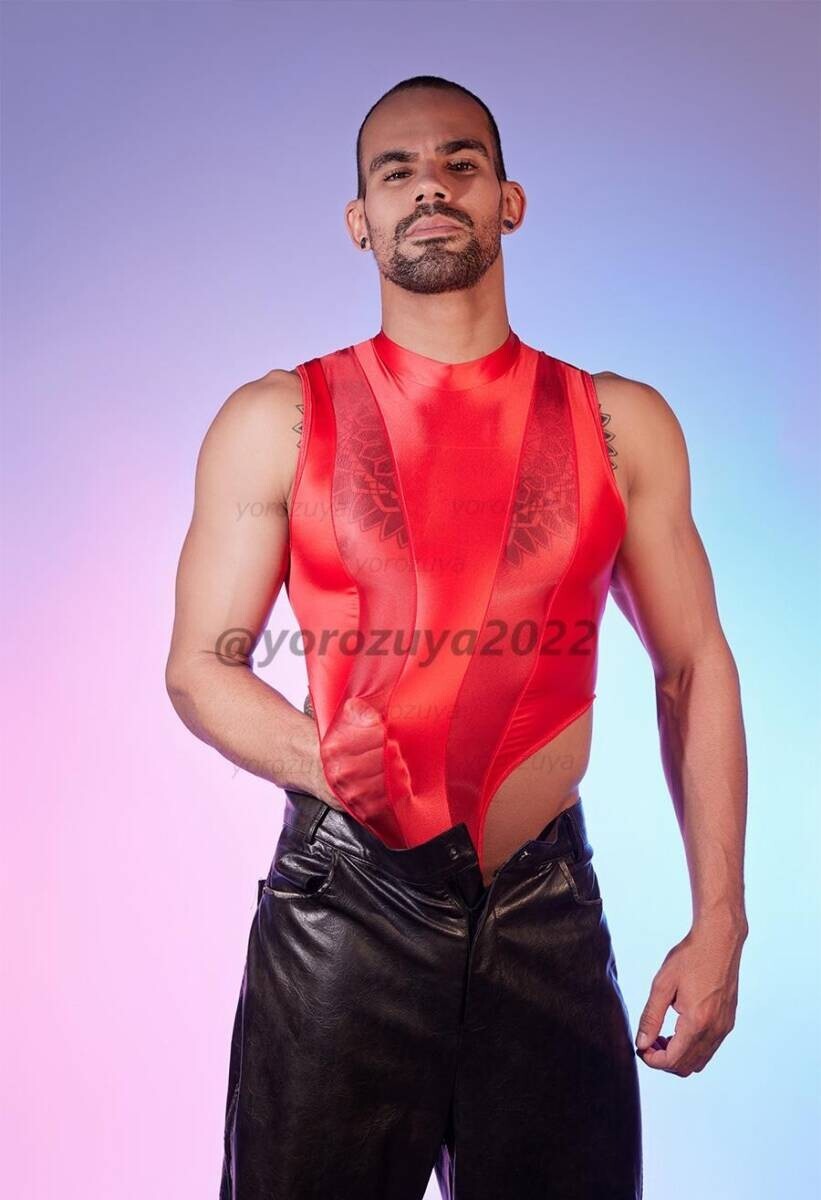146-137-19 メンズ 光沢艶々 ハイカットスーツ 【レッドF】男性 下着 セクシー エロ コスプレ レオタード ハイレグ ジャンプスーツ .1_画像5