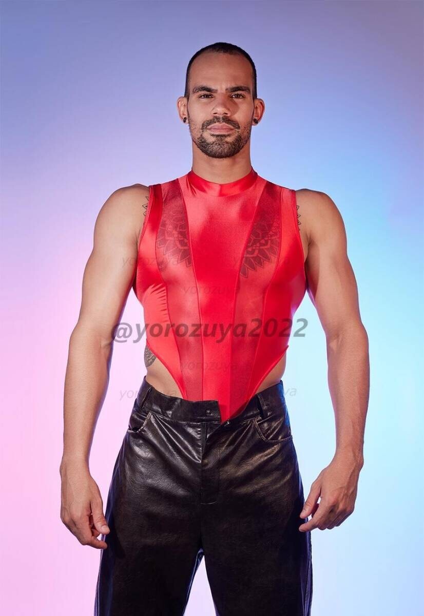 146-137-19 メンズ 光沢艶々 ハイカットスーツ 【レッドF】男性 下着 セクシー エロ コスプレ レオタード ハイレグ ジャンプスーツ .1_画像2