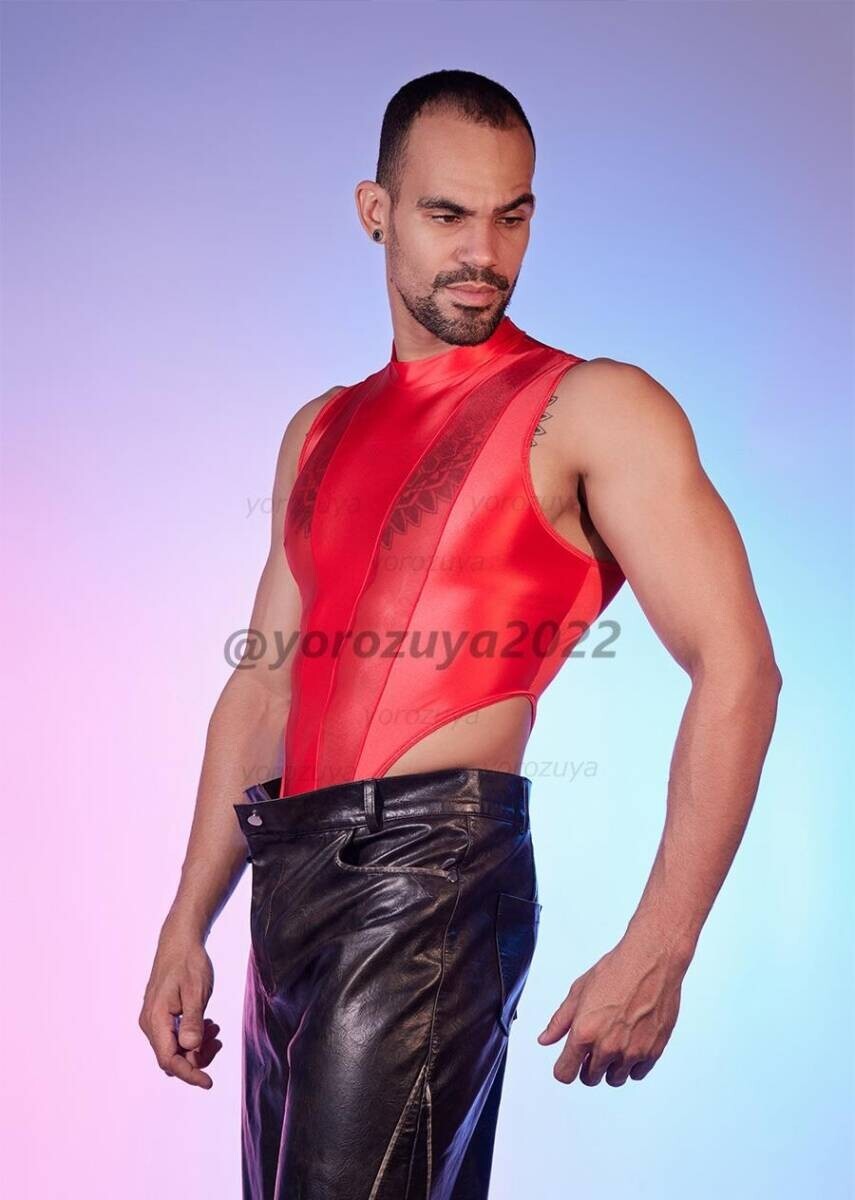 146-137-19 メンズ 光沢艶々 ハイカットスーツ 【レッドF】男性 下着 セクシー エロ コスプレ レオタード ハイレグ ジャンプスーツ .1_画像3