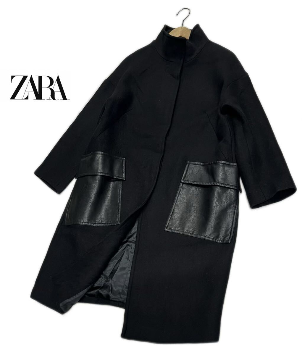 ZARA★ザラ★(USA S)合皮ポケット 厚手 ウール コート /黒_画像1
