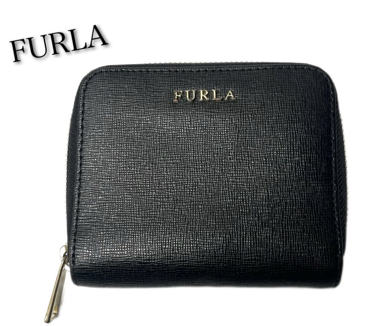 FURLA★フルラ★バビロン レザー ラウンドファスナー 二つ折り財布 無地/ブラック_画像1