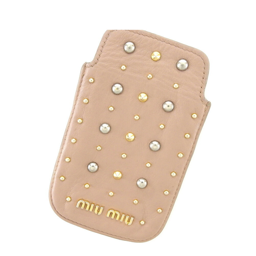 【10%OFFクーポン】ミュウミュウ iPhoneケース 携帯ケース レディース スタッズ ベージュ ピンク ゴールド シルバー 中古_画像1