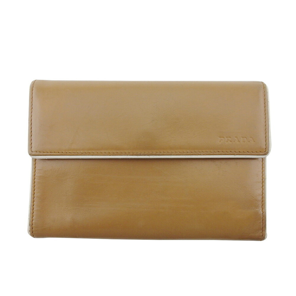 【30%OFFクーポン】プラダ PRADA 三つ折り財布 ロゴ ブラウン ホワイト 白 レディース 中古_画像1
