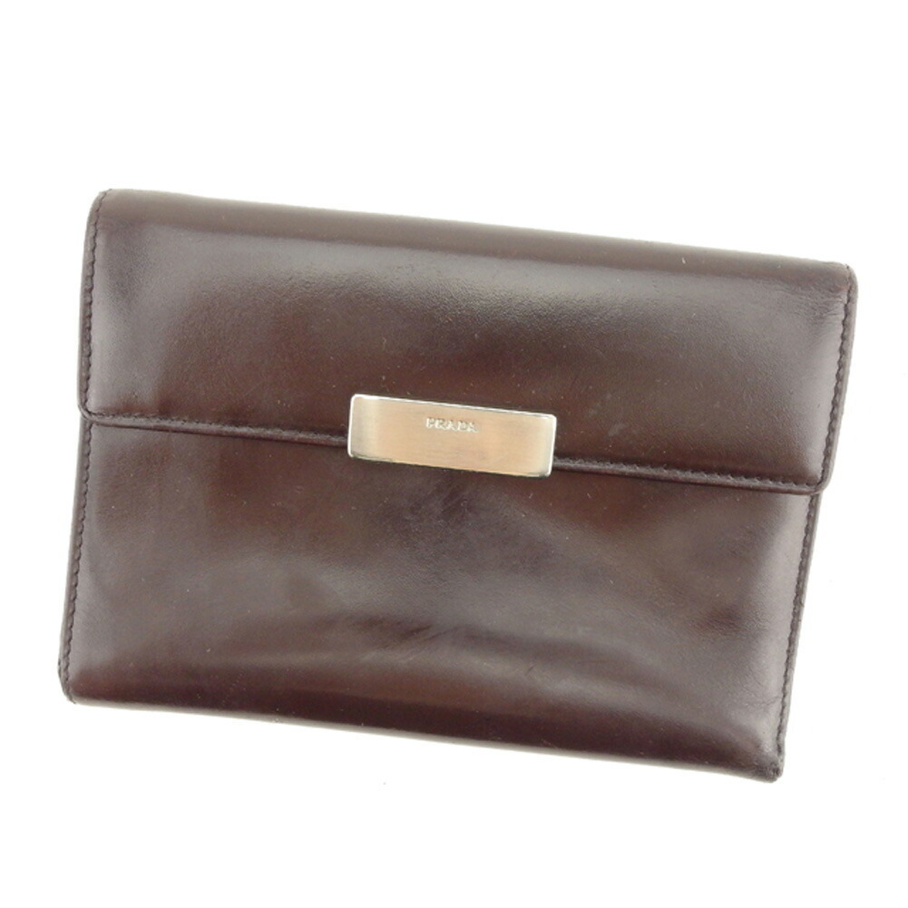 【30%OFFクーポン】プラダ 三つ折り 財布 レディース ロゴプレート ブラウン シルバー 中古_画像1