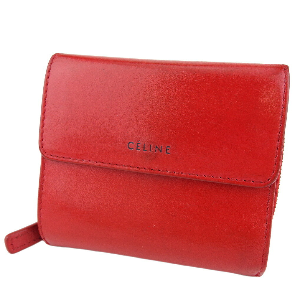 【30%OFFクーポン】セリーヌ CELINE 三つ折り財布 ロゴ レッド ゴールド グレー 灰色 レディース 中古_画像1