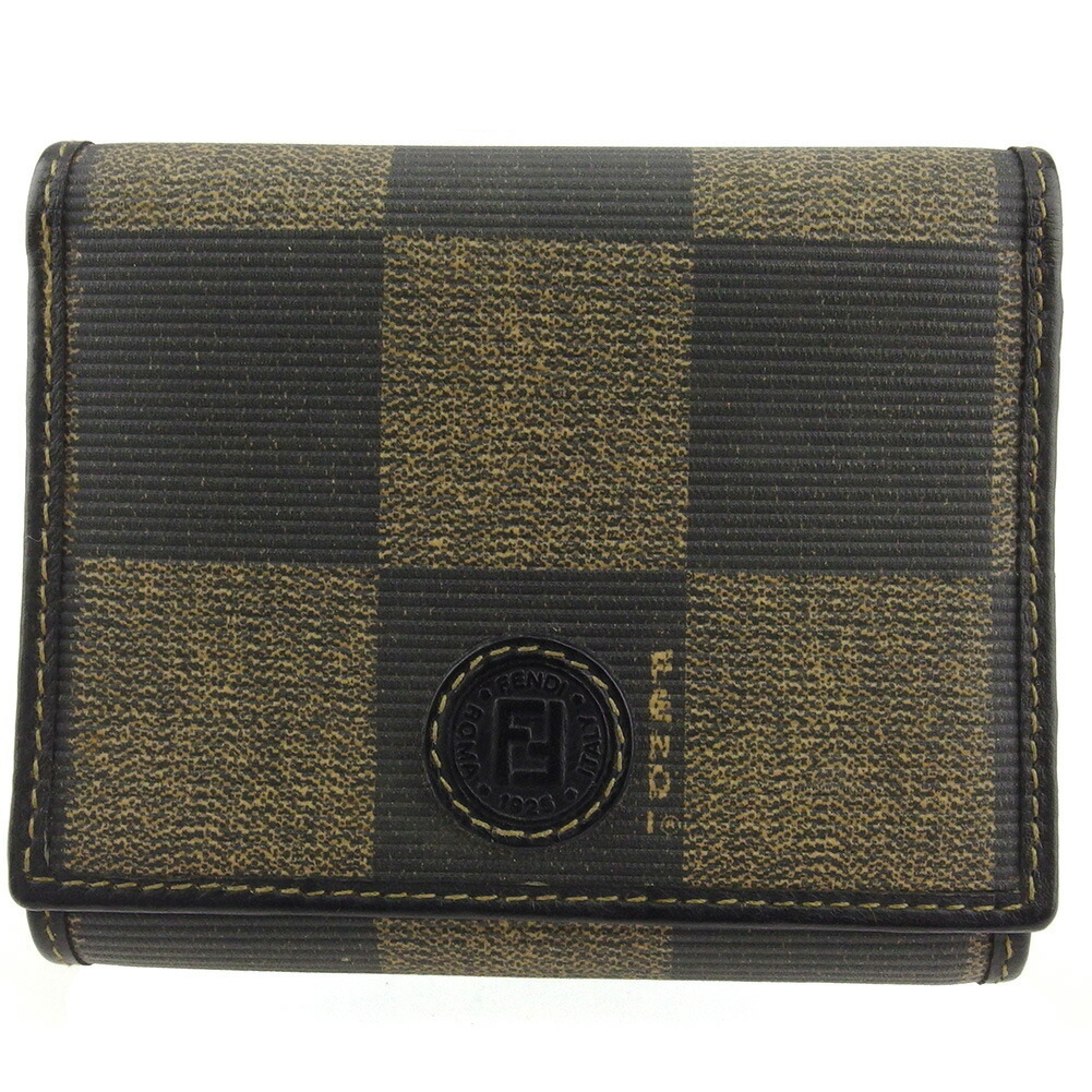 【30%OFFクーポン】フェンディ FENDI 三つ折り財布 ブロックチェック ブラック ベージュ レディース 中古_画像1