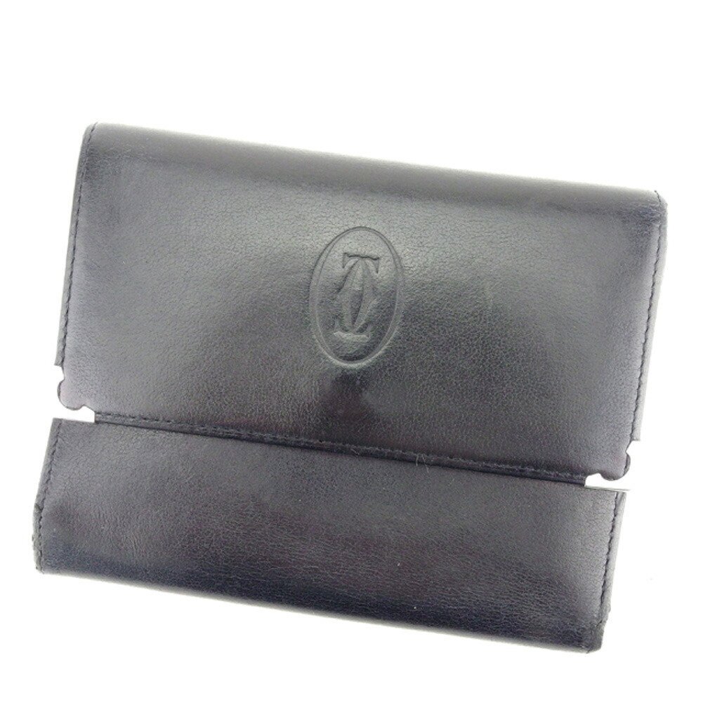 【30%OFFクーポン】カルティエ 三つ折り 財布 レディース カボション ブラック シルバー ボルドー 中古_画像1