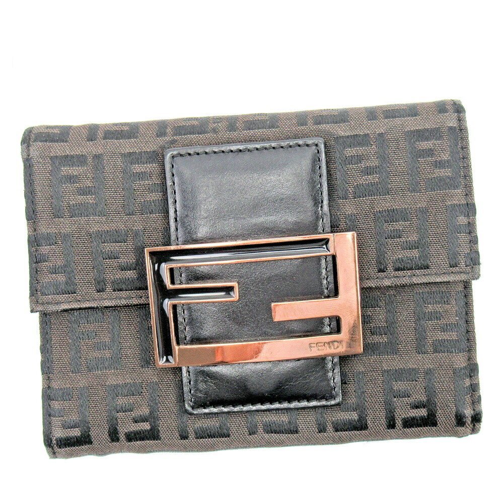【ブラックフライデー30%OFFクーポン】フェンディ FENDI 三つ折り財布 ズッキーノ ブラウン ブラック レディース 中古_画像1
