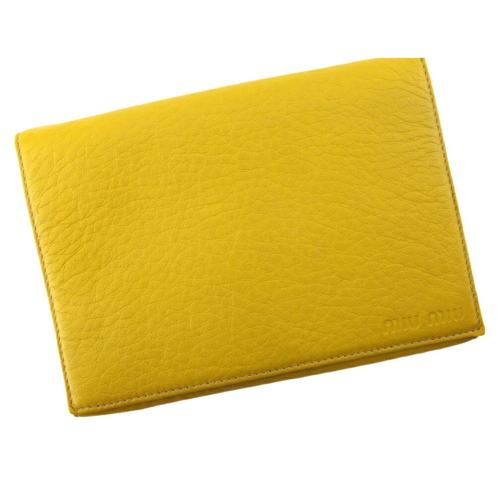 【ブラックフライデー30%OFFクーポン】ミュウミュウ MIUMIU 三つ折り財布 ロゴ イエロー シルバー レディース 中古_画像1