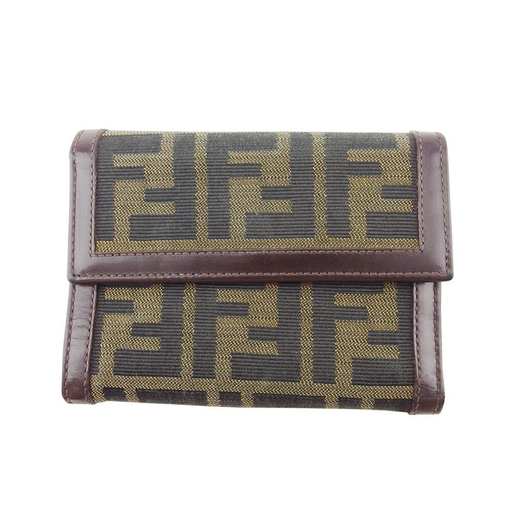 【ブラックフライデー30%OFFクーポン】フェンディ FENDI 三つ折り財布 ズッカ ベージュ ブラック ブラウン レディース 中古_画像1