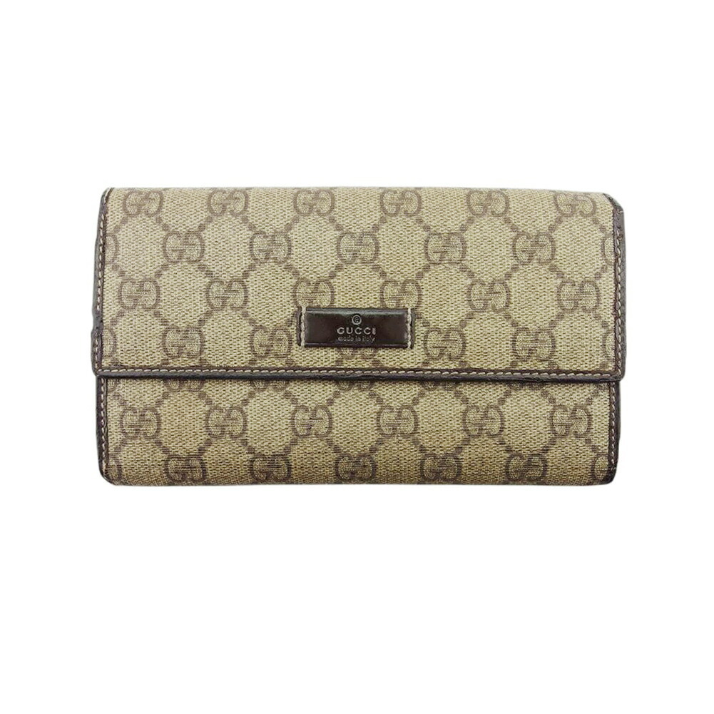 【ブラックフライデー30%OFFクーポン】グッチ GUCCI 三つ折り財布 GGプラス GGスプリーム ベージュ ブラウン レディース 中古_画像1
