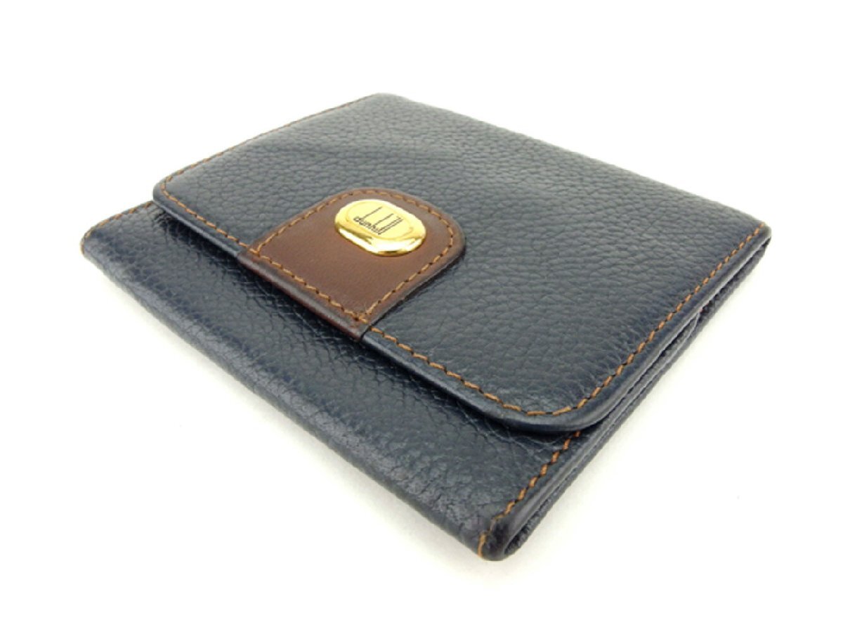 ダンヒル Dunhill コインケース ロゴプレート ネイビー ブラウン ゴールド レディース 中古_画像2