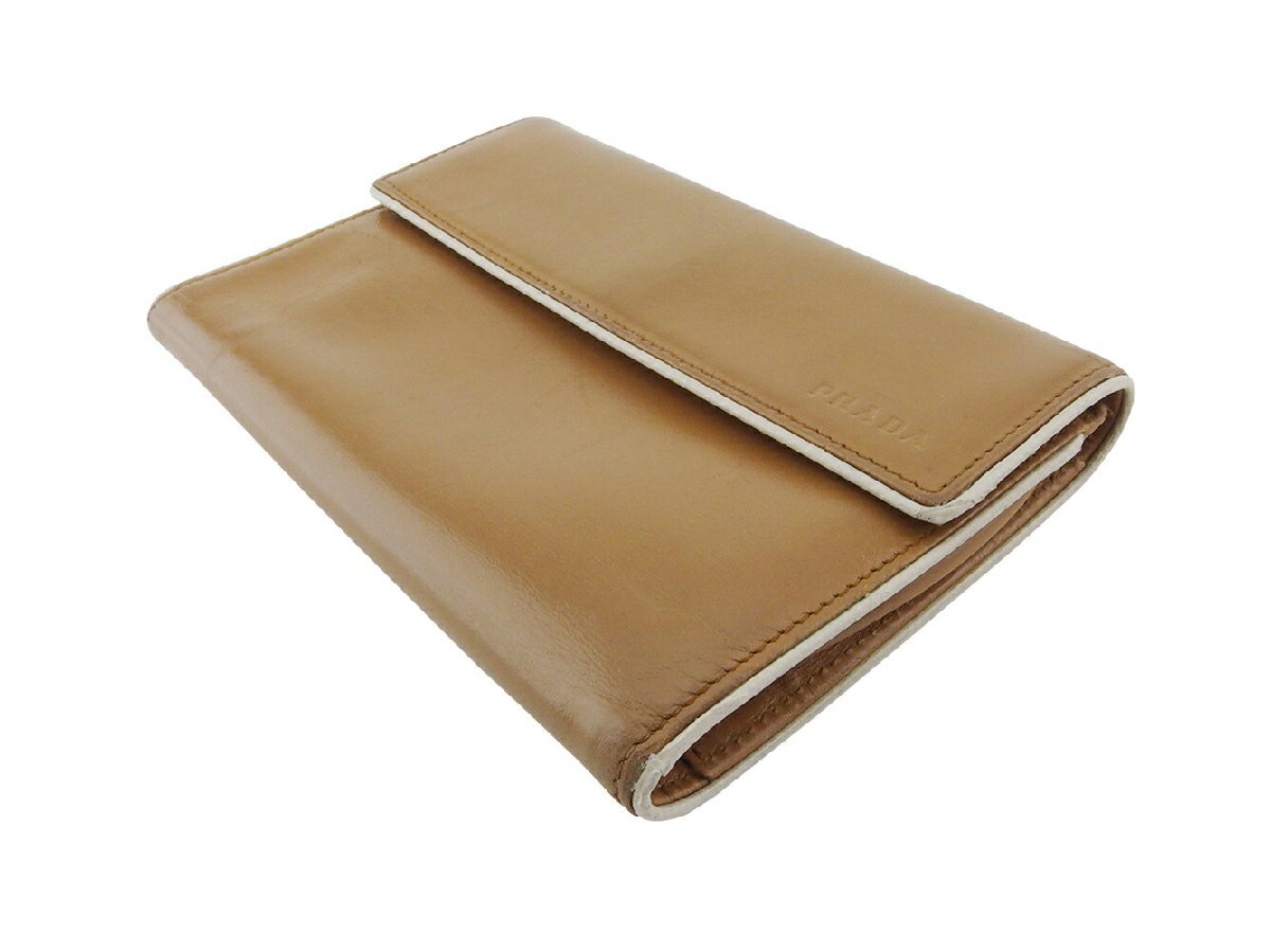 【30%OFFクーポン】プラダ PRADA 三つ折り財布 ロゴ ブラウン ホワイト 白 レディース 中古_画像3