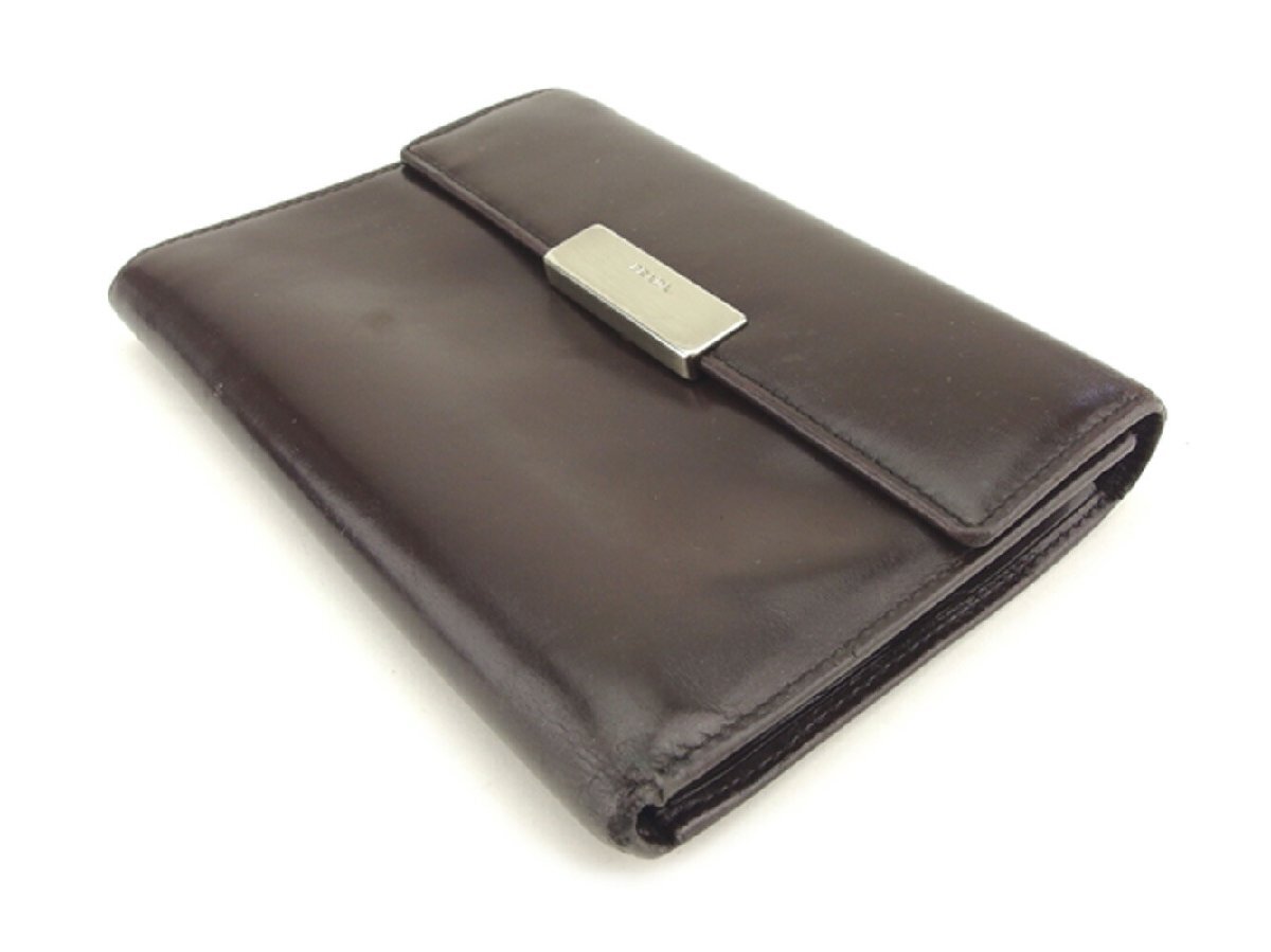 【30%OFFクーポン】プラダ 三つ折り 財布 レディース ロゴプレート ブラウン シルバー 中古_画像2