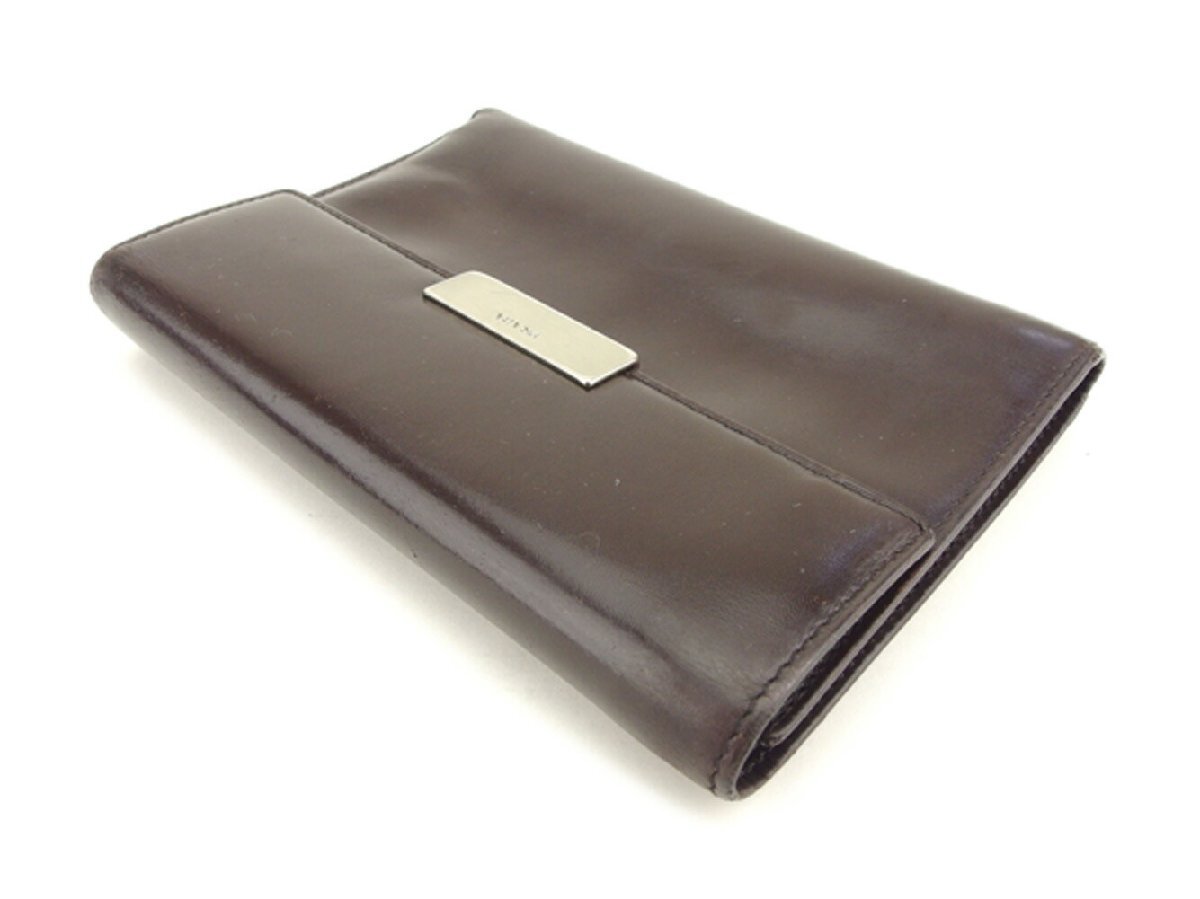 【30%OFFクーポン】プラダ 三つ折り 財布 レディース ロゴプレート ブラウン シルバー 中古_画像3