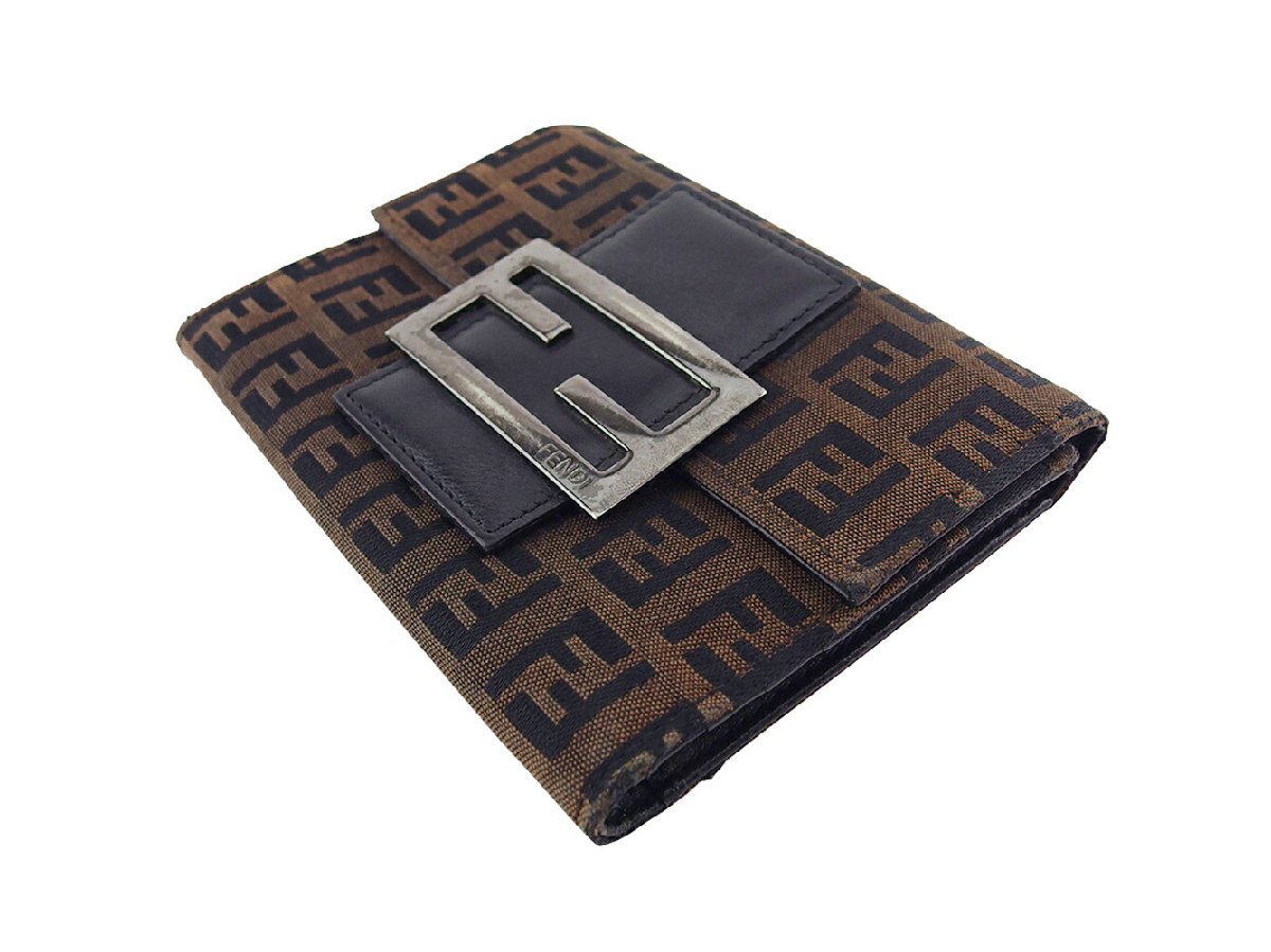 【30%OFFクーポン】フェンディ FENDI 三つ折り財布 ズッキーノ ブラウン ブラック レディース 中古_画像3