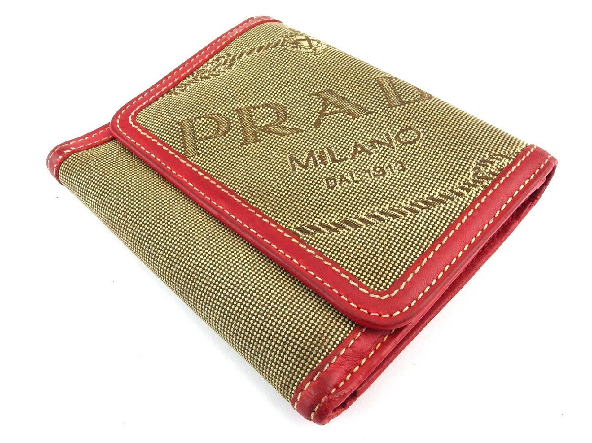 【30%OFFクーポン】プラダ PRADA 三つ折り財布 ロゴジャガード ベージュ ブラウン レッド レディース 中古_画像3
