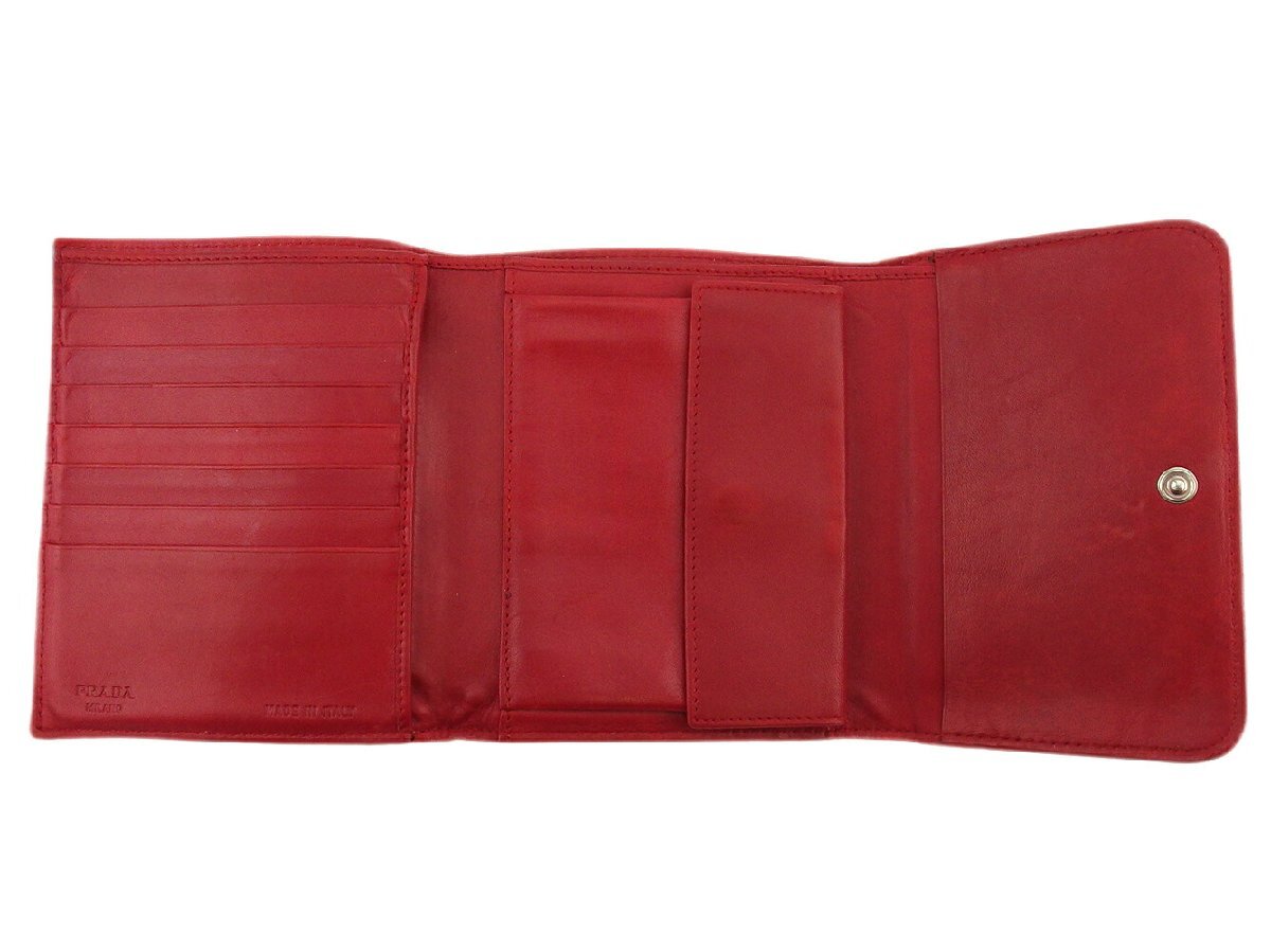 【30%OFFクーポン】プラダ PRADA 三つ折り財布 ロゴジャガード ベージュ ブラウン レッド レディース 中古_画像4