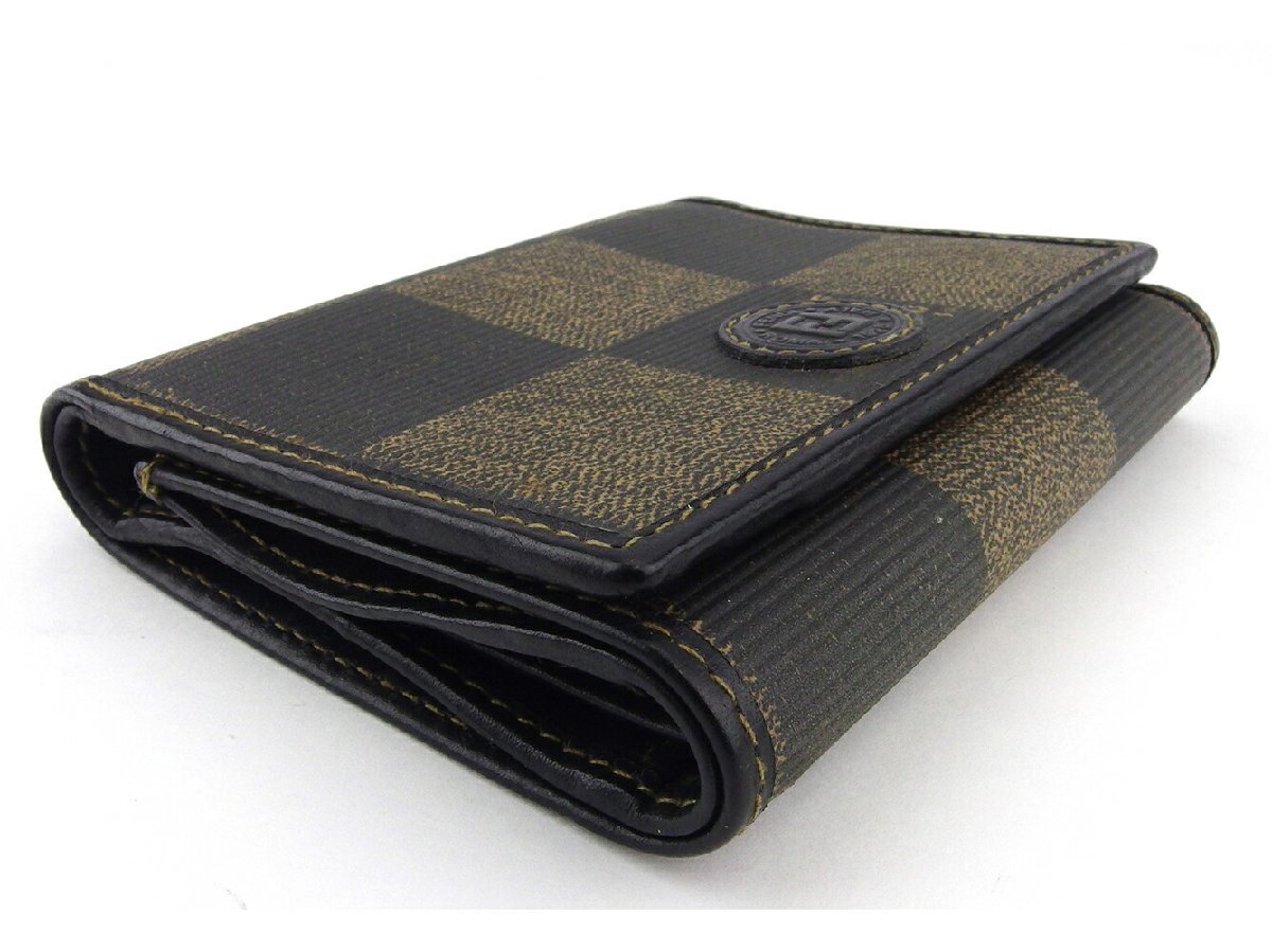 【30%OFFクーポン】フェンディ FENDI 三つ折り財布 ブロックチェック ブラック ベージュ レディース 中古_画像3