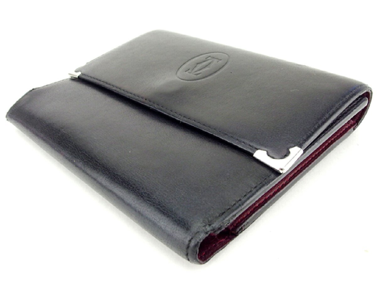 【30%OFFクーポン】カルティエ 三つ折り 財布 レディース カボション ブラック シルバー ボルドー 中古_画像2