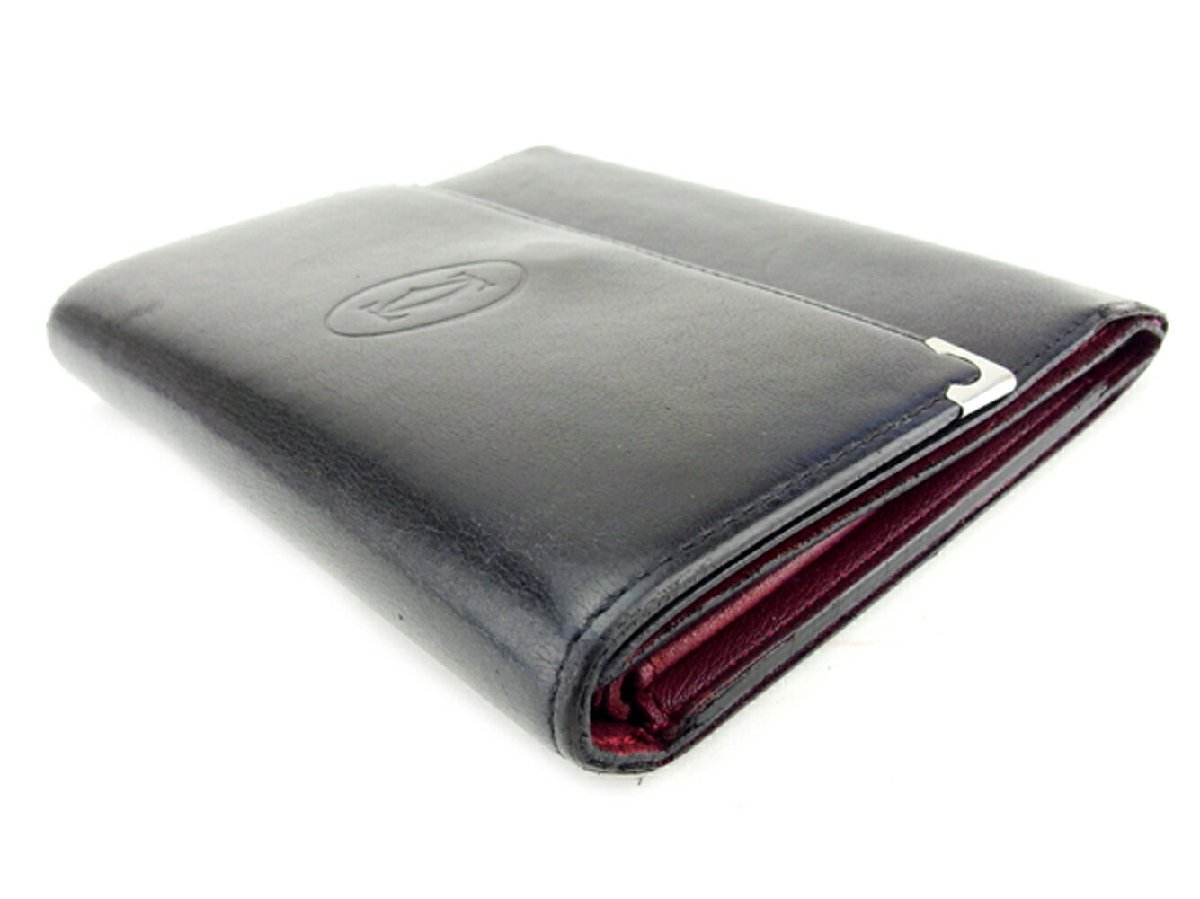 【30%OFFクーポン】カルティエ 三つ折り 財布 レディース カボション ブラック シルバー ボルドー 中古_画像3