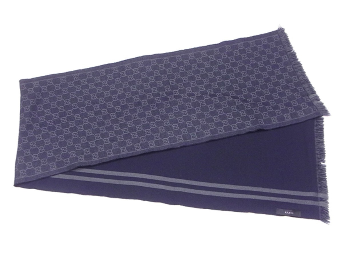 【ブラックフライデー30%OFFクーポン】グッチ マフラー フリンジ付き レディース リバーシブル ＧＧ柄 ネイビー グレー 灰色 中古_画像4