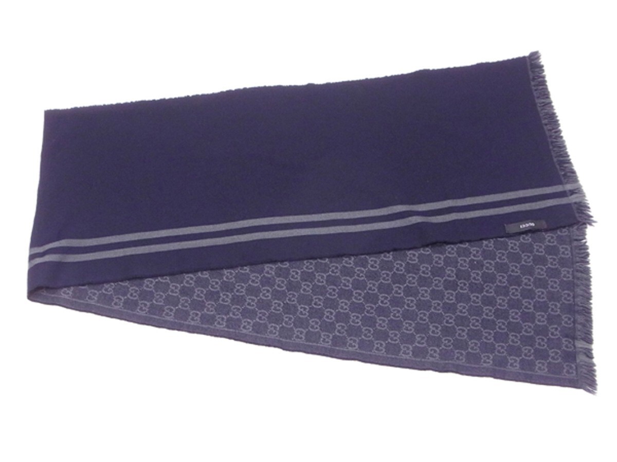 【ブラックフライデー30%OFFクーポン】グッチ マフラー フリンジ付き レディース リバーシブル ＧＧ柄 ネイビー グレー 灰色 中古_画像5