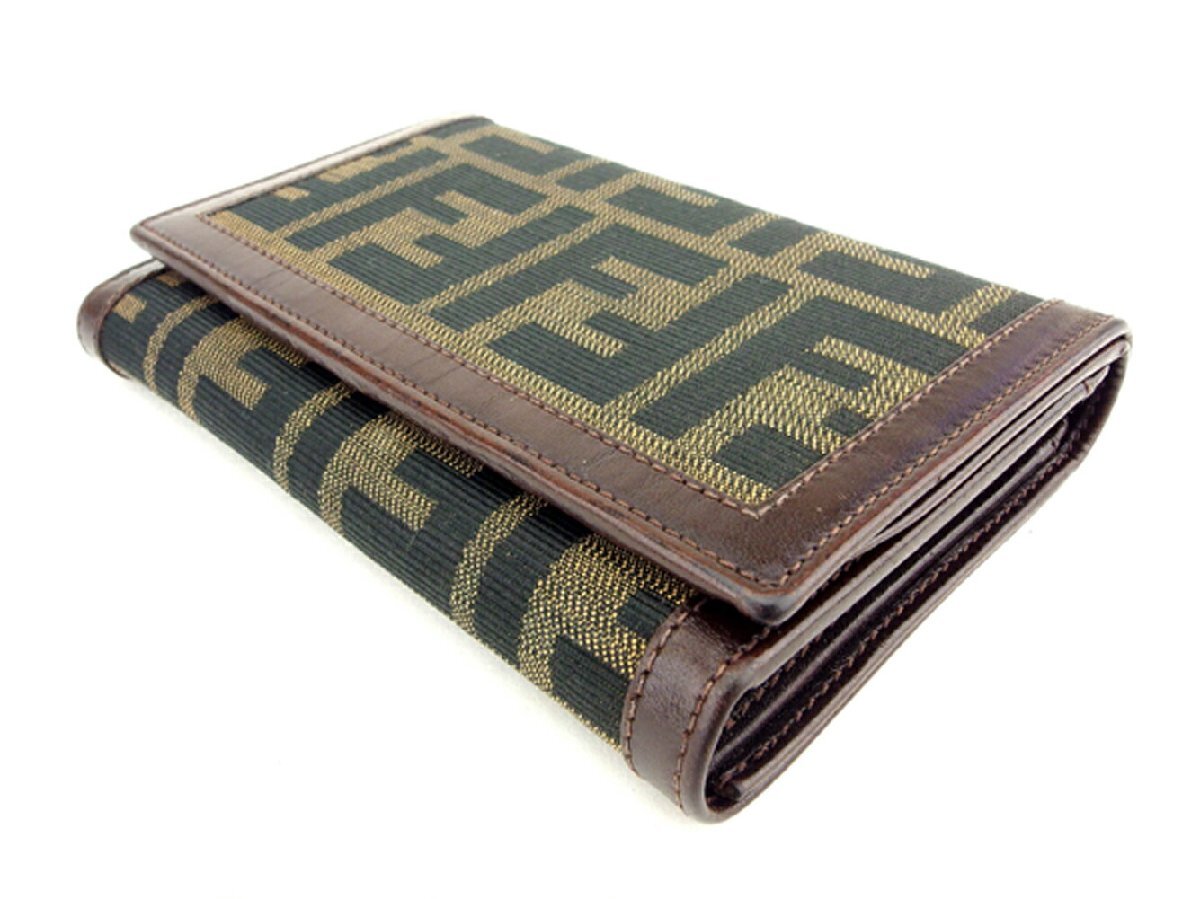 【ブラックフライデー30%OFFクーポン】フェンディ 三つ折り 財布 二つ折り 財布 レディース ズッカ ベージュ ブラック ブラウン 中古_画像2