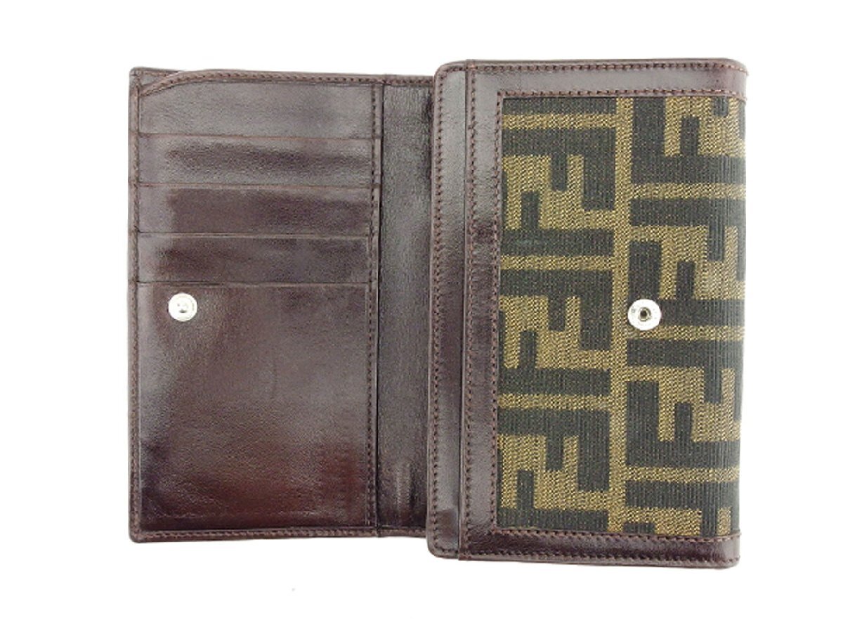 【ブラックフライデー30%OFFクーポン】フェンディ 三つ折り 財布 二つ折り 財布 レディース ズッカ ベージュ ブラック ブラウン 中古_画像4