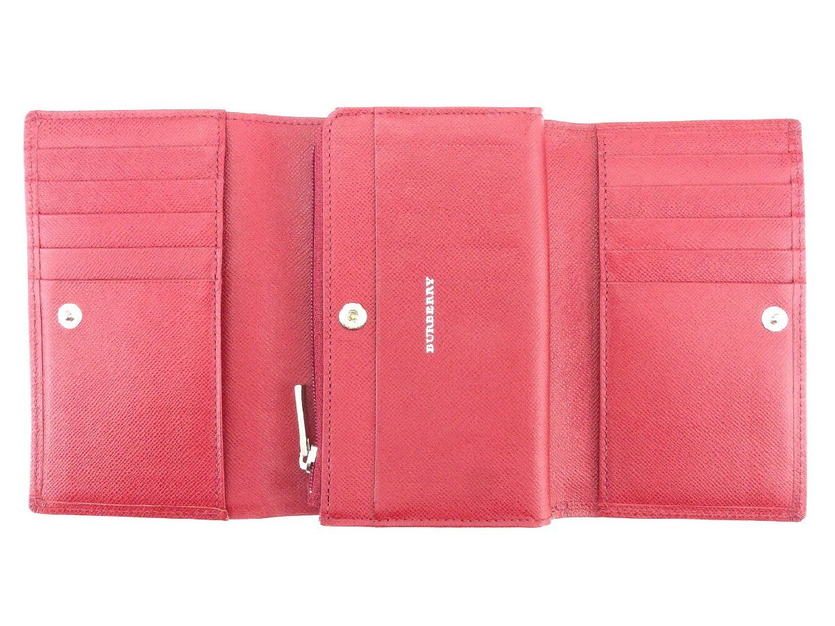 【ブラックフライデー30%OFFクーポン】バーバリー 三つ折り 財布 L字ファスナー レディース レッド 中古_画像5