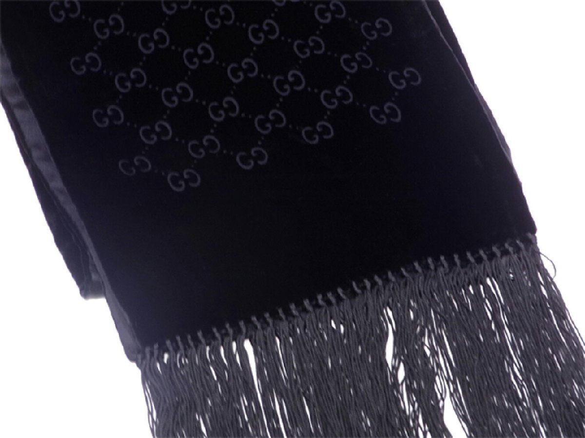 【ブラックフライデー30%OFFクーポン】グッチ マフラー フリンジ付き レディース ストール GG柄 ベロア ブラック 中古_画像2