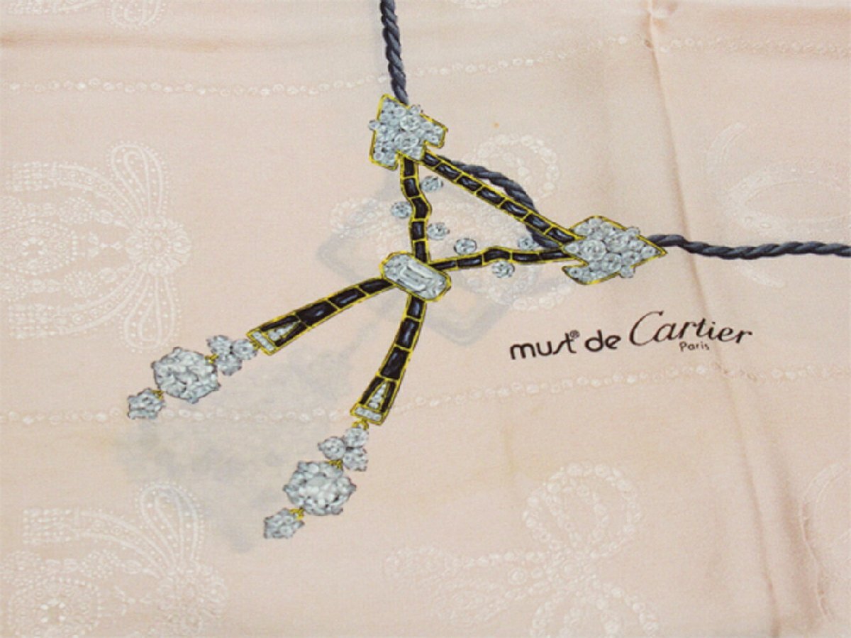 【ブラックフライデー30%OFFクーポン】カルティエ CARTIER スカーフ ジュエリー柄 ピンク ベージュ ネイビー系 レディース 中古_画像2