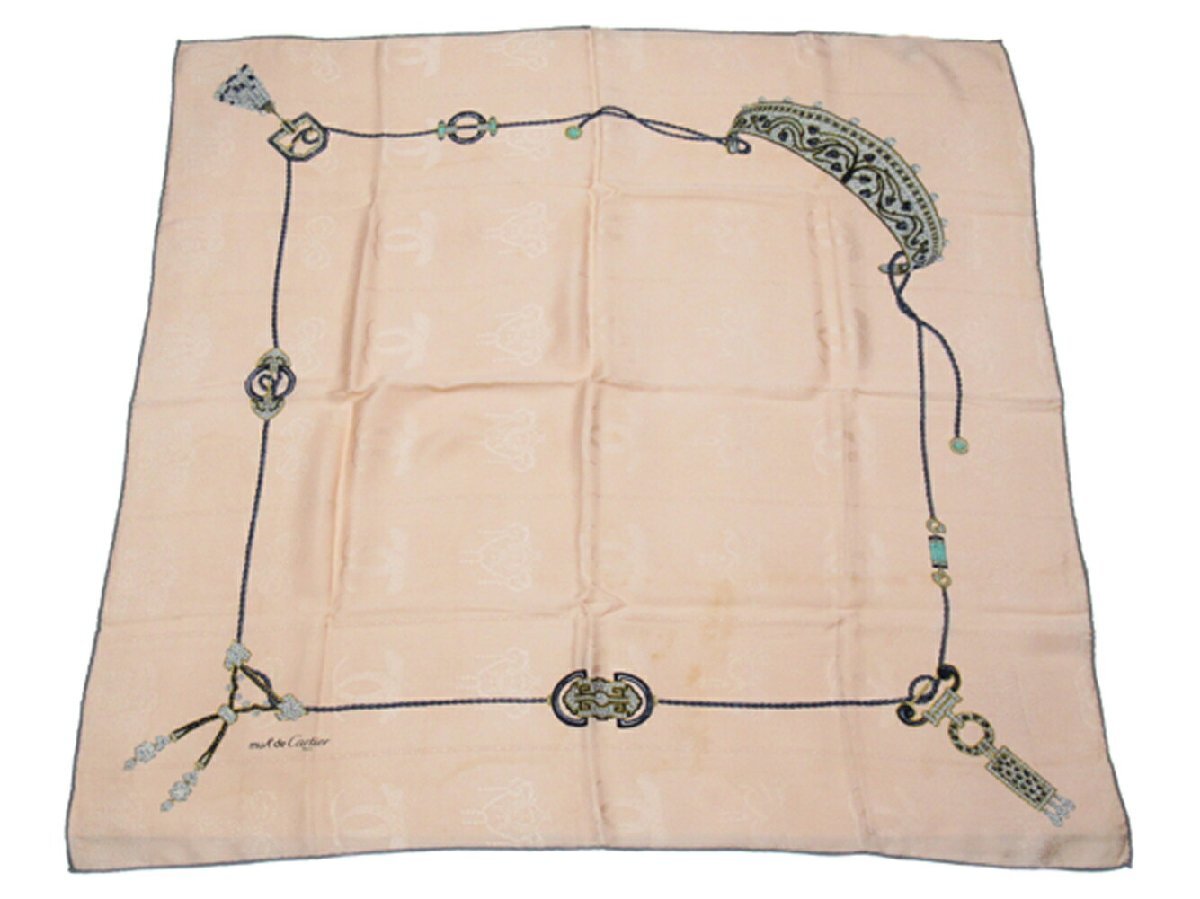 【ブラックフライデー30%OFFクーポン】カルティエ CARTIER スカーフ ジュエリー柄 ピンク ベージュ ネイビー系 レディース 中古_画像5