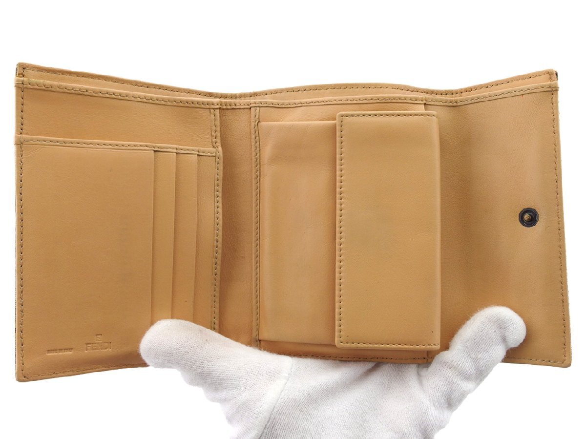 【ブラックフライデー30%OFFクーポン】フェンディ FENDI 三つ折り財布 ズッキーノ ベージュ ブラウン レディース 中古_画像5