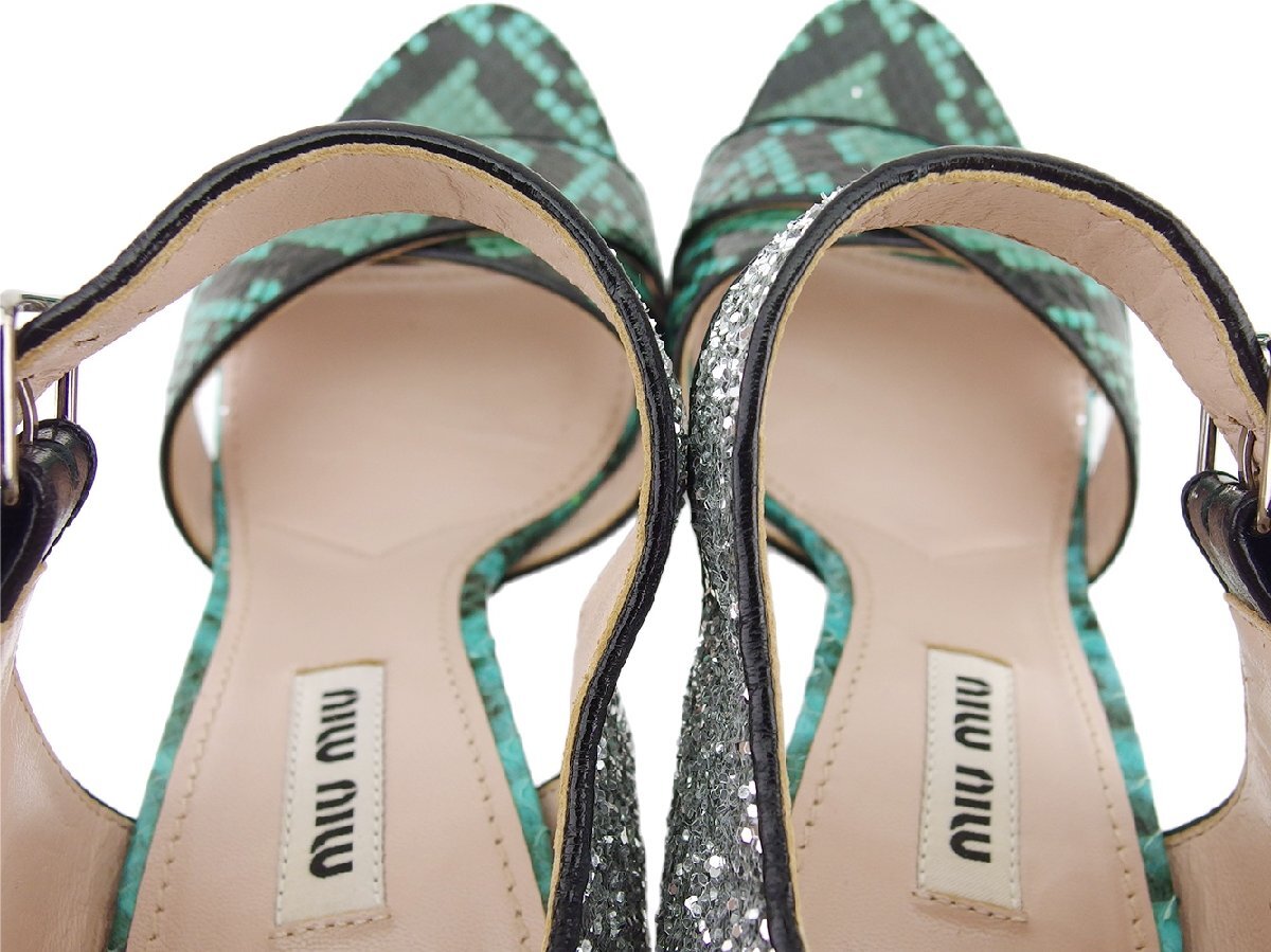 【ブラックフライデー30%OFFクーポン】ミュウミュウ MIUMIU サンダル パイソン グリーン×シルバー レディース 中古_画像2