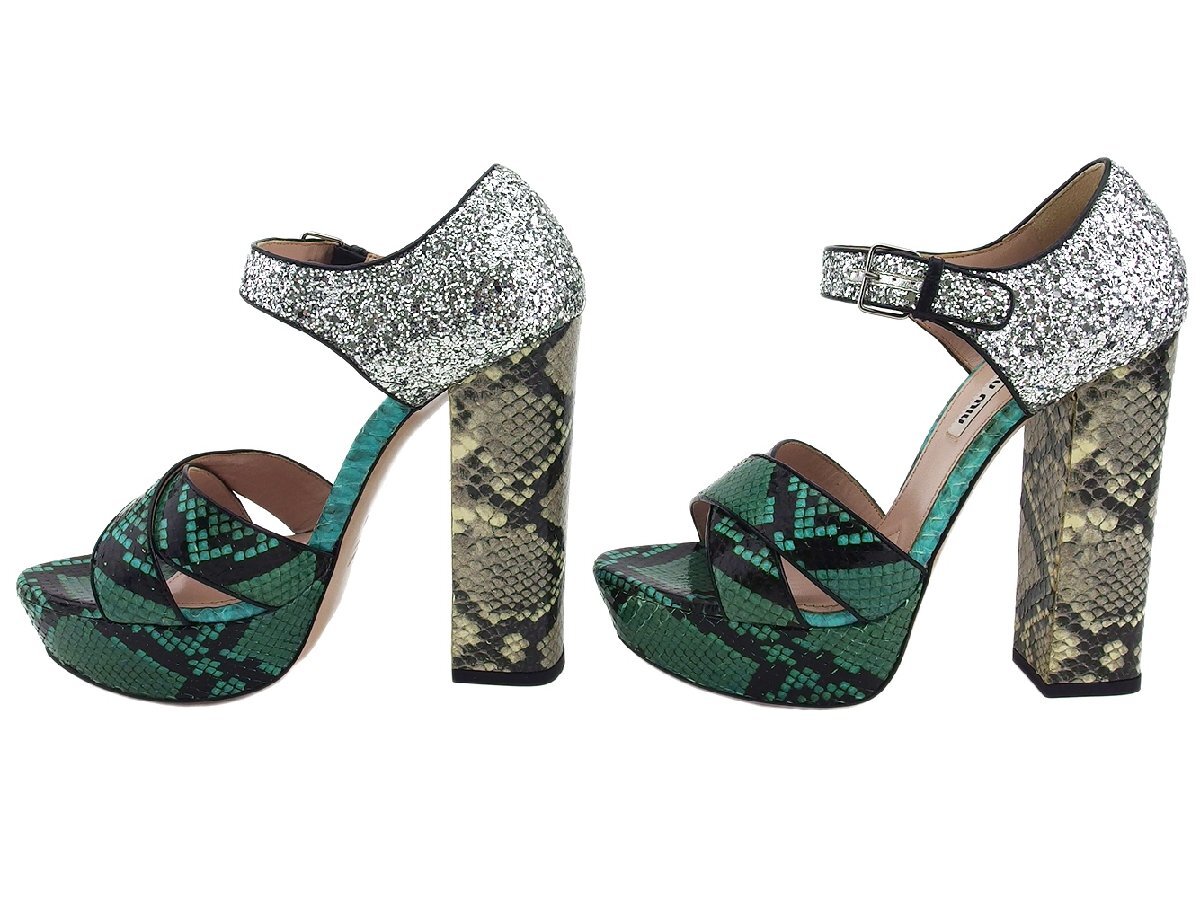 【ブラックフライデー30%OFFクーポン】ミュウミュウ MIUMIU サンダル パイソン グリーン×シルバー レディース 中古_画像4
