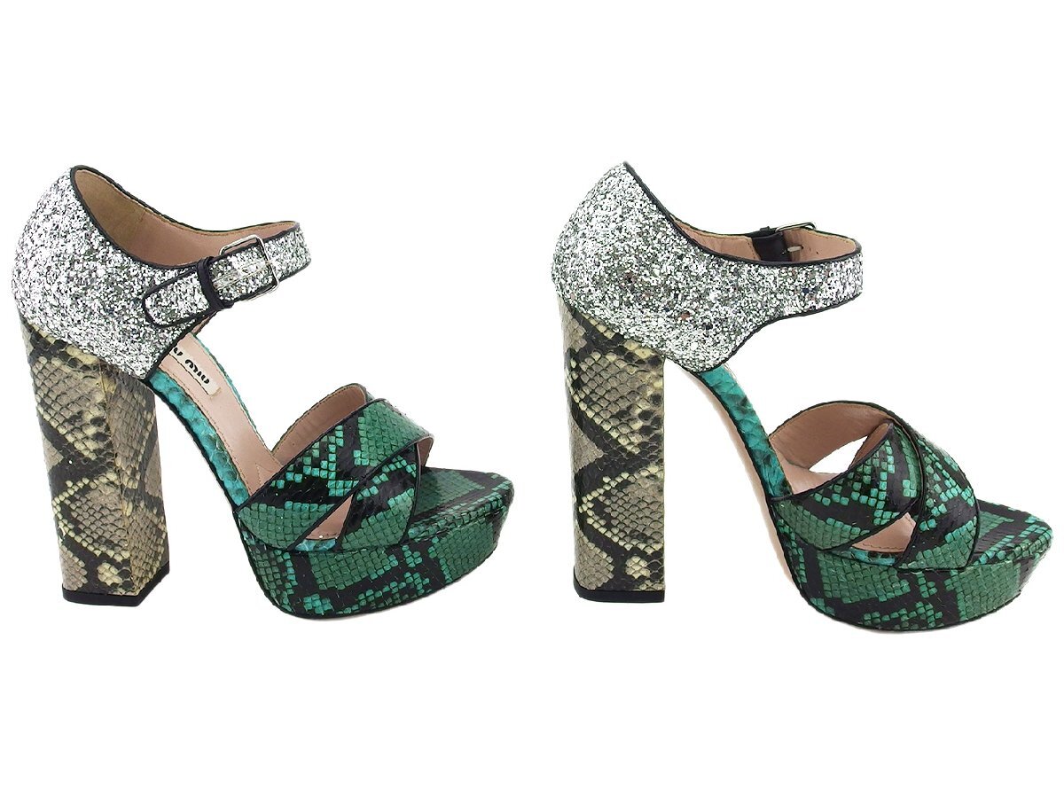 【ブラックフライデー30%OFFクーポン】ミュウミュウ MIUMIU サンダル パイソン グリーン×シルバー レディース 中古_画像5