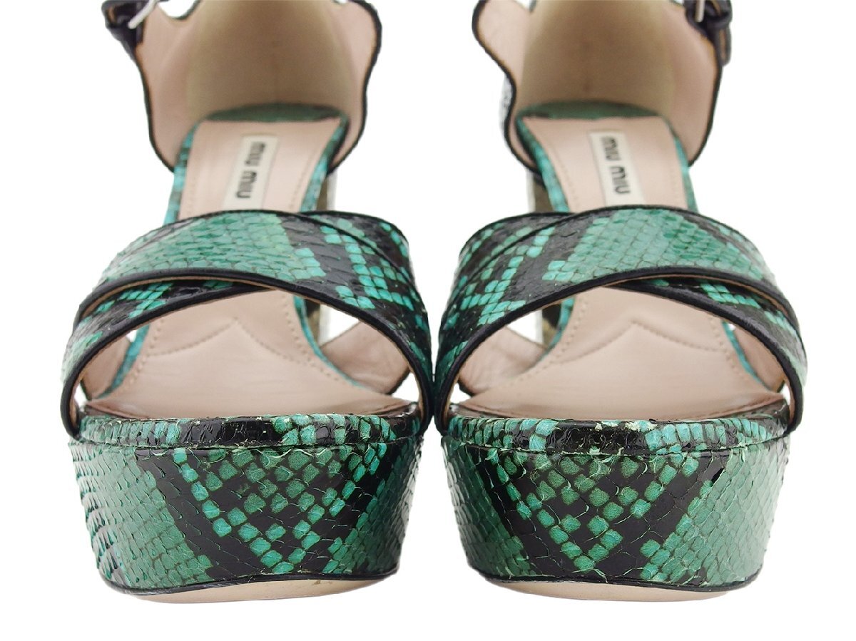 【ブラックフライデー30%OFFクーポン】ミュウミュウ MIUMIU サンダル パイソン グリーン×シルバー レディース 中古_画像6
