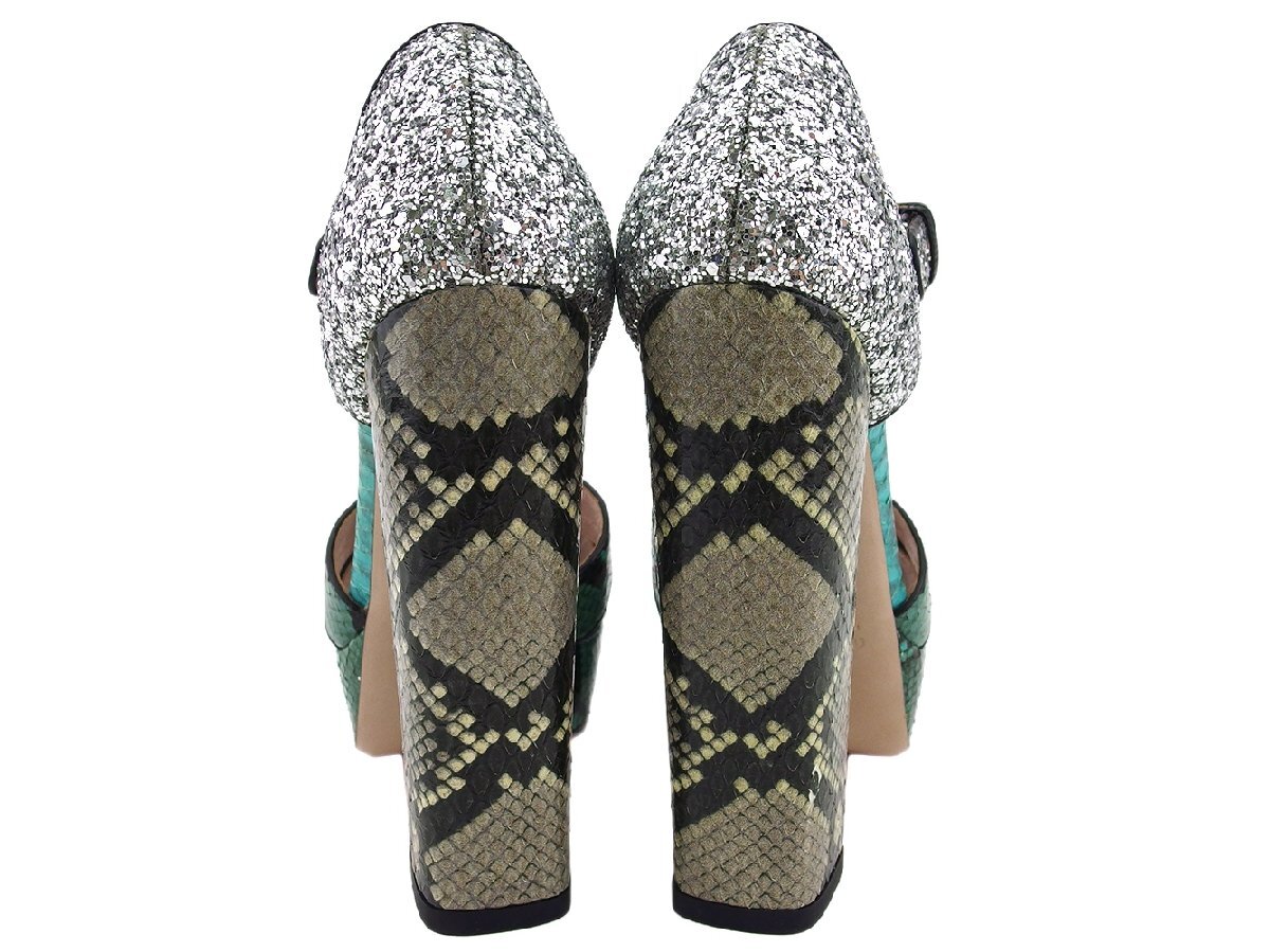 【ブラックフライデー30%OFFクーポン】ミュウミュウ MIUMIU サンダル パイソン グリーン×シルバー レディース 中古_画像7